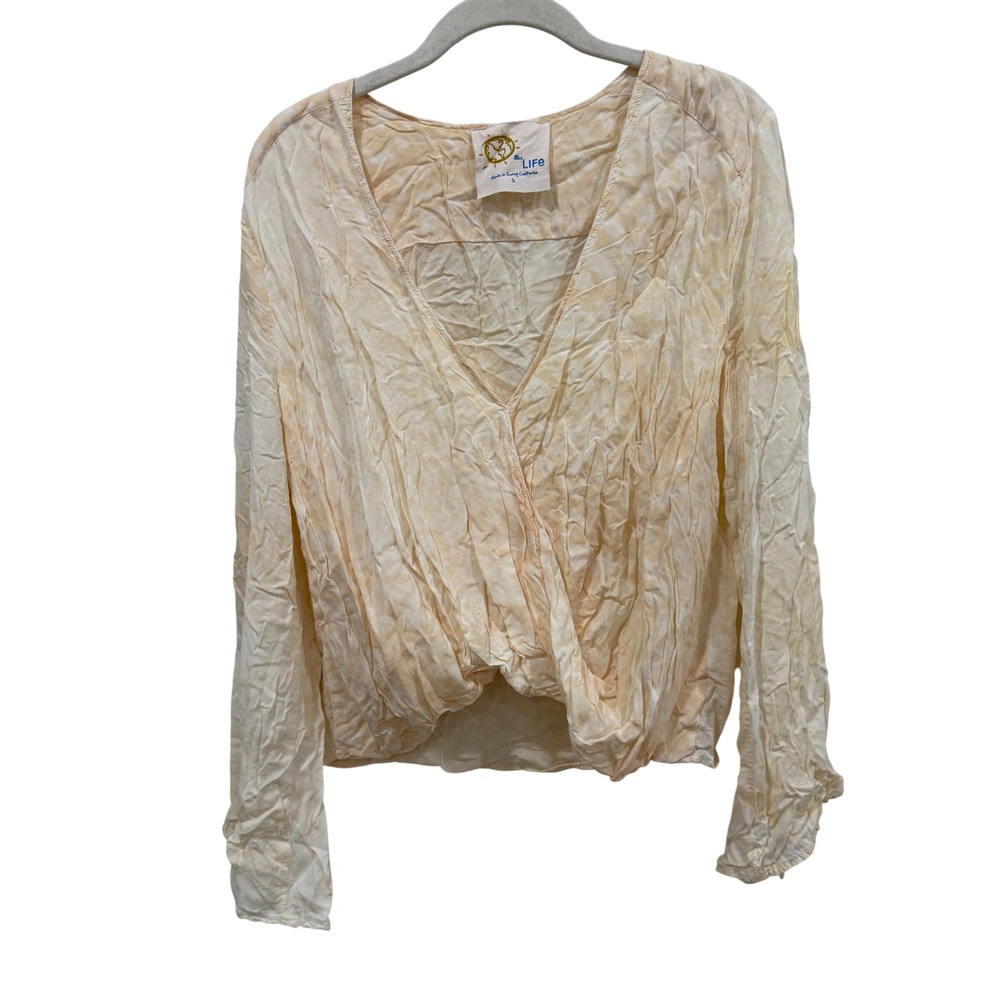 Blue Life Womens Tie‎ Dye V-Neck Faux Wrap Bell Sleeve Blouse Peach Cream Size S